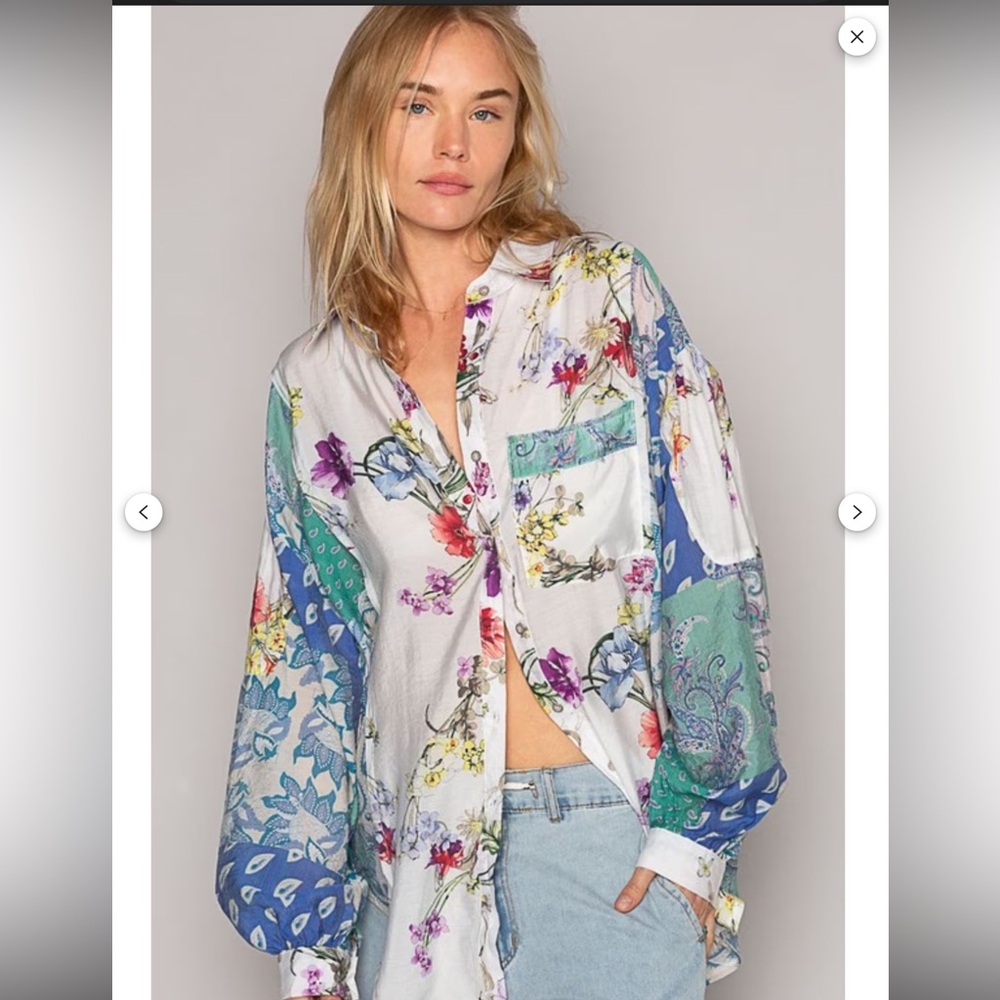 53. Nwot Pol Floral Patchwork Button Front Blouse - image 1